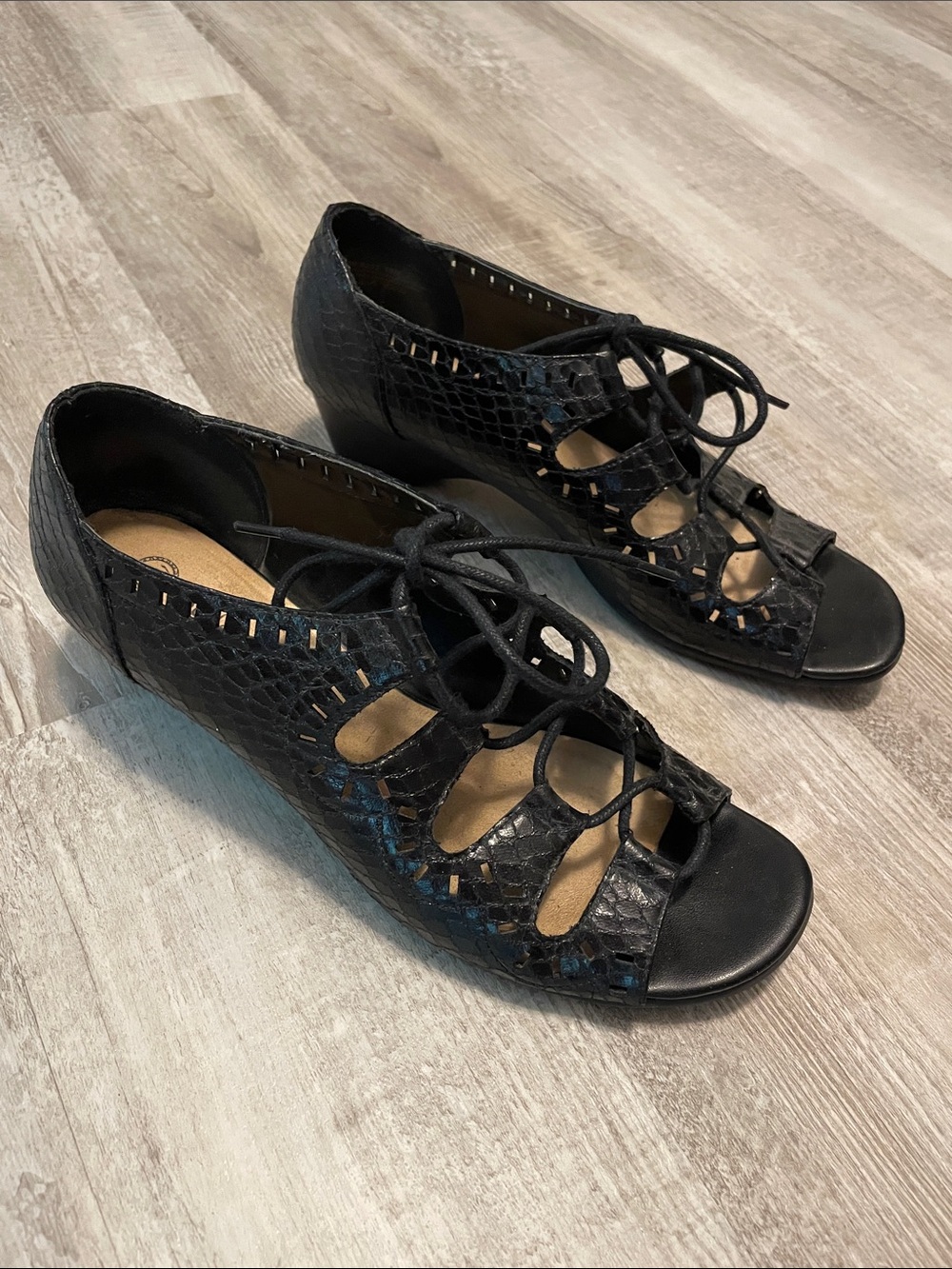 Bella Vita Black Lace-Up Cutout Peep-Toe Mules